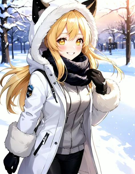 anime, masterpiece, best quality, 1girl, shiny skin, blonde hair, yellow eyes, blush, smile, white hooded coat, fur trim, black tight pants, fur trim boots, scarf, mittens, visible breath, wind, snow, outdoors, walking, cowboy shot, centered, close-up