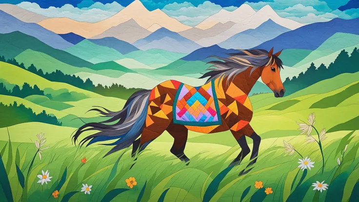 quilt art style, grassland. wind. mountain. horse.
