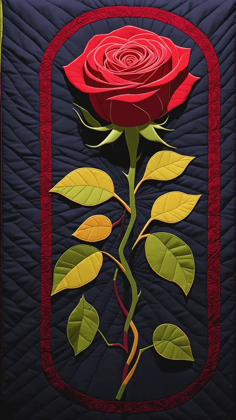 quilt art style, flower. A single red rose in the center, a line of light on the periphery.