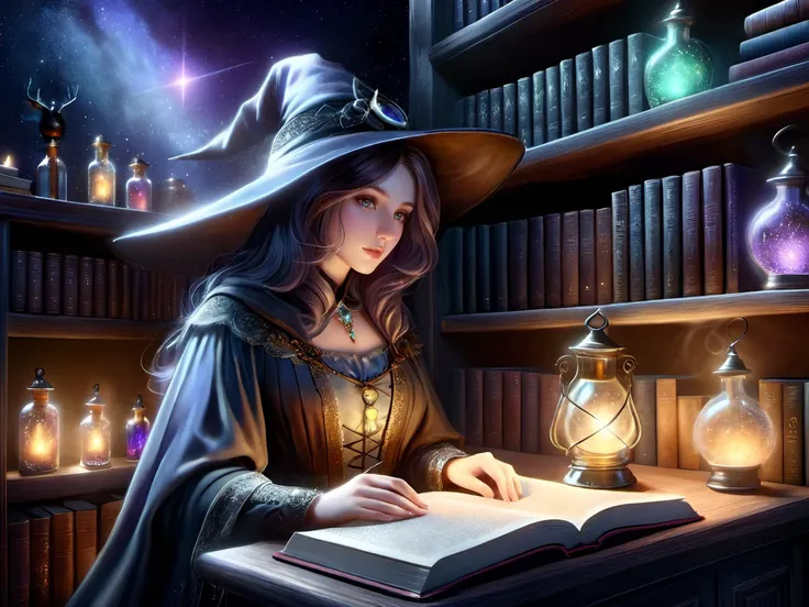 A witch's house. A shelf lined with magical potions. A witch. light sparkle. magic light. Firefly. An imaginative book.
beautiful skin. oily skin. an extremely delicate and beautiful. ultra detailed. close-up. Clothes with a night sky pattern. <lora:DonM50und0fMu51cXL:1>