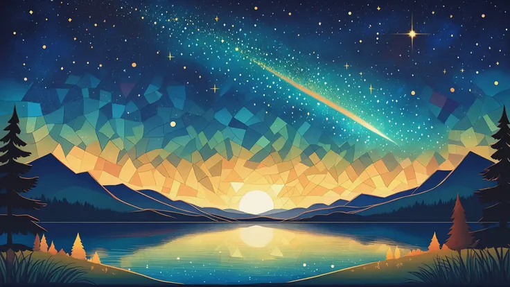quilt art style, starry sky. comet. lake.