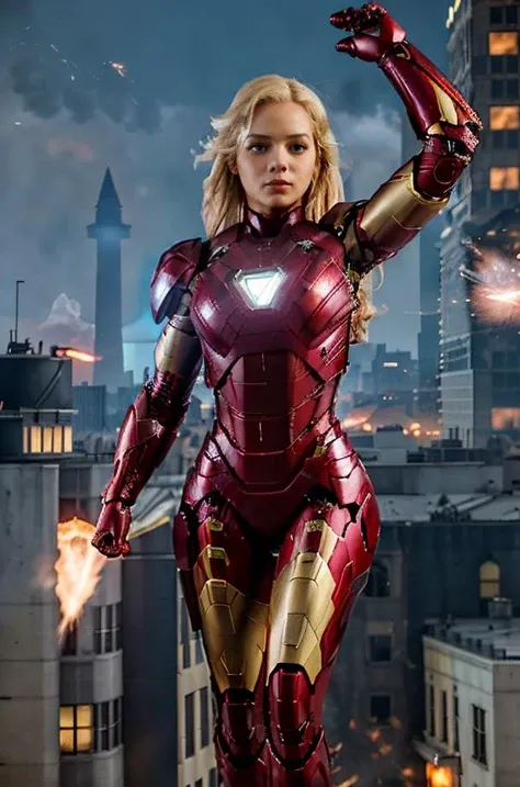 Professional photograph of epic action heroine, she's 25 year old blonde woman <lora:quiron_ElsaJean_v1_lora:0.6>, elsajeanquiron she's wearing the Iron Man <lora:iron_man:0.5> power suit, power armor, intense focus expression on her face, she's flying through the streets of Washington DC, it's night time, there's cyberpunk lighting, fire explosions, rave-lighting, she's flying and blasting energy from her gauntlets. Full red and gold iron man power armor, 4k, 8k, masterpiece, Marvel Cinematic Universe, Zack Snyder, epic shot, award winning movie poster <lora:Cyberpunk_style:0.4>