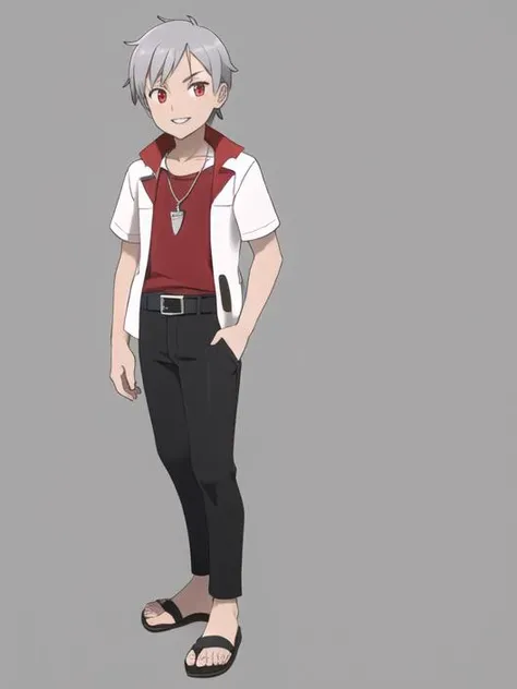 <lora:asatsukifgfff-08:0.8> solo, smile, short hair, simple background, shirt, red eyes, 1boy, white background, jewelry, standing, jacket, full body, short sleeves, grey hair, male focus, parted lips, open clothes, teeth, belt, pants, necklace, black footwear, open jacket, black jacket, toes, black pants, sandals, red shirt, hand in pocket, flip-flops