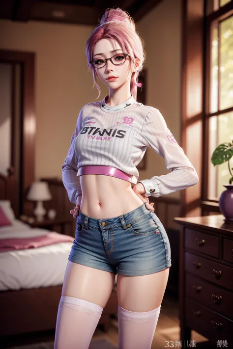 3dg style,(masterpiece, best quality:1.1),small breasts, small hips, green eyes, pink hair, crop top, denim shorts, bedroom, striped thighhighs, horny,pervert, petite, glasses,,nangongwan face