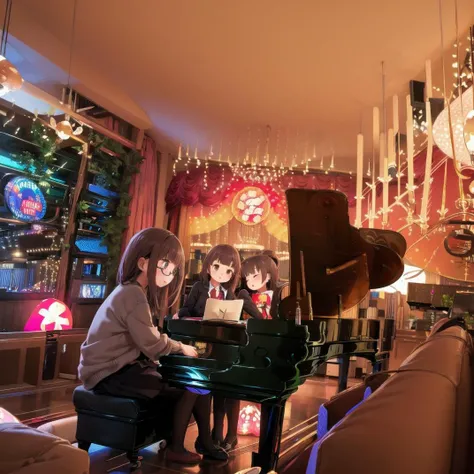 best quality, ultra-detailed, illustration, glasses,
missosaka, scenery, night, plant, neon lights, piano, table, chair, chandelier, couch, indoors
<lora:MissOSAKA_SD15_V1:1>
