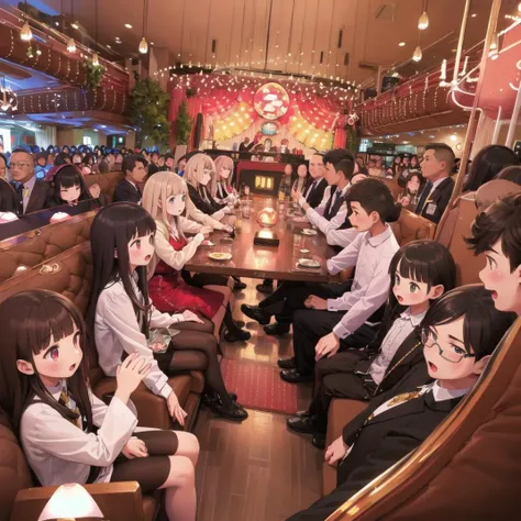 best quality, ultra-detailed, illustration, glasses,
missosaka, 6+boys, multiple boys, indoors, multiple girls, sitting, scenery, lights, crowd, table, chair, chandelier, couch, indoors
<lora:MissOSAKA_SD15_V1:1>