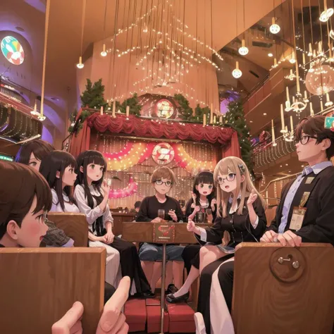 best quality, ultra-detailed, illustration, glasses,
missosaka, multiple girls, multiple boys, crowd, sitting, lights, scenery, table, chair, chandelier, couch, indoors
<lora:MissOSAKA_SD15_V1:1>