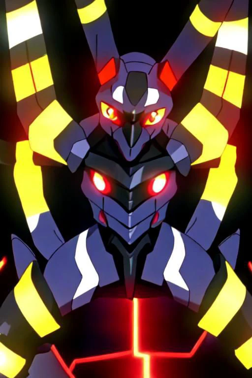 Overly Detailed, portrait, Anime screencap, 1990s_\(style\), Evangelion anime style, Masterpiece, best quality, perfect anatomy, perfect lighting, perfect focus, vibrant, 1robot, mecha, solo, evaunit, Umbreon_Pokemon, anthro, 2 glowing red eyes, 2 ears each with 1glowing yellow stripe around the middle, 1 tail with a glowing yellow stripe around the middle, 1 glowing yellow circle on the middle of each of its 4 arms and legs, 1 glowing circle on its forehead, entirely black mechanical body, 2 big glowing yellow shoulder fins, ((no humans,)) standing upright on its 2 hind legs, front facing towards viewer, massive, giant, landscape is the cityscape of tokyo-3, nighttime, pitch black sky, moon in the distance at the top right