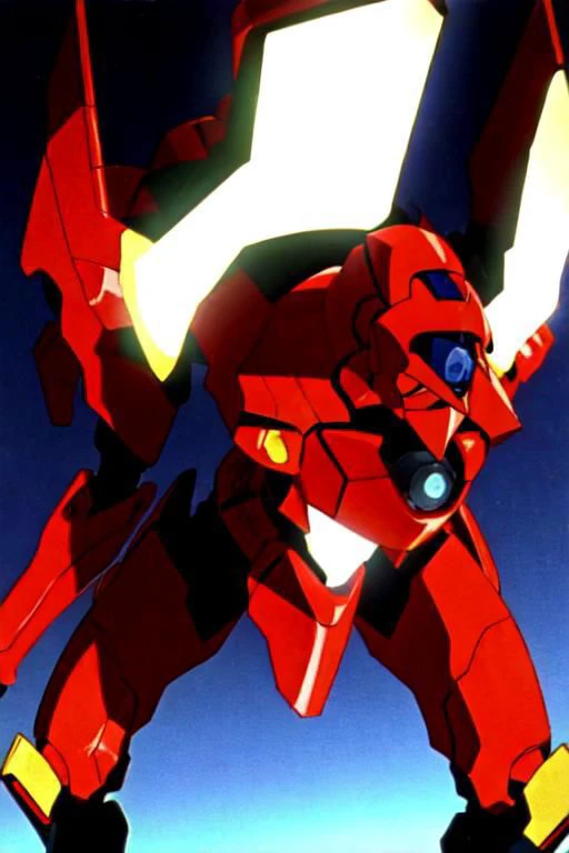 portrait, overly detailed, Anime screencap, 1990s_\(style\), Evangelion anime style, Masterpiece, best quality, perfect anatomy, perfect lighting, perfect focus, vibrant, 1robot, mecha, solo, evaunit, miata, eunos roadster, anthro, red, ((no humans,)) action pose, mid-air, massive, giant, landscape is the cityscape of tokyo-3, nighttime, pitch black sky