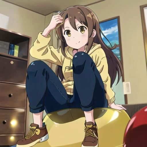 brown hair, brown eyes, denim jeans, hoodie, anime screencap, headphones, long hair, female, solo, happy, human, sitting on a balloon, nonpop
detailed balloon, realistic balloon, tied balloon, sitting on a balloon, yellow balloon, one balloon, home interior