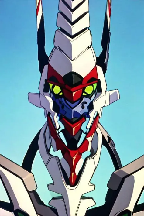 portrait, Overly Detailed, Anime screencap, 1990s_\(style\), Evangelion anime style, Masterpiece, best quality, perfect anatomy, perfect lighting, perfect focus, vibrant, 1robot, mecha, solo, evaunit, alteza, anthro, entirely white mechanical body, ((no humans,))) standing, massive, giant, landscape is the cityscape of tokyo-3, sunny day, clear blue sky