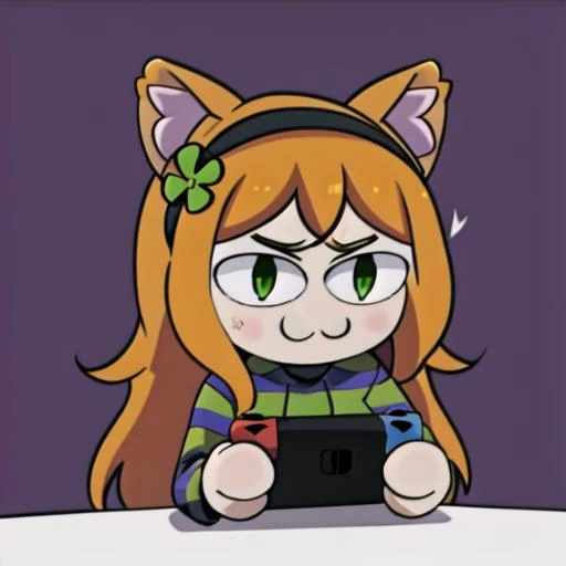 ((masterpiece, best quality, good face, vibrant,)) avatar icon, <lora:necoarc:1>, <lora:4chan_vivianjames-08:0.7>, <lora:sex_from_behind-10:0.8>, 1girl, solo, necoarc, slit pupils, cat ears, chibi, vivian james, orange hair, long hair, green eyes, hairband, four-leaf clover hair ornament, striped hoodie, long sleeve, hood down, jeans, sitting, holding handheld game console, nintendo switch, holding nintendo switch, centered, simple background