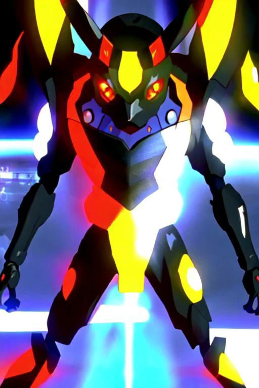 Overly Detailed, close up, portrait, Anime screencap, 1990s_\(style\), Evangelion anime style, Masterpiece, best quality, perfect anatomy, perfect lighting, perfect focus, vibrant, 1robot, mecha, solo, evaunit, Umbreon_Pokemon, anthro, standing on its 2 hind legs, glowing red eyes, 2 ears with glowing yellow stripes around the middle, tail with a glowing yellow stripe around the middle, 1 glowing yellow circle on each of its arms, black mechanical body, glowing yellow highlights, ((no humans,)) standing, front facing towards viewer, massive, giant, landscape is the cityscape of tokyo-3, nighttime, pitch black sky, moon in the distance at the top right