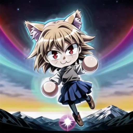 <lora:add_detail:1>, masterpiece, best quality, perfect anatomy, hi-res, vibrant, avatar icon, solo, solo focus, <lora:necoarc:1>, <lora:ultrainstinct_v3_offset:0.75>, necoarc, slit pupils, cat ears, blonde hair, red eyes, chibi, turtleneck, blue skirt, pleated skirt, pantyhose, brown footwear, ultrainstinct, aura, looking at viewer, mid-air, floating, flying, rubble, night, valley