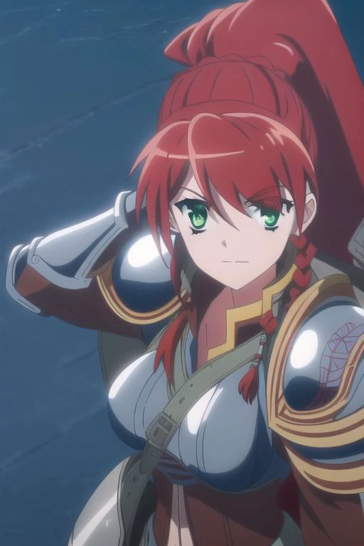 masterpiece, best quality, 1girl, solo, red hair,armor, green eyes, ponytail, Thigh boots, sword, long hair