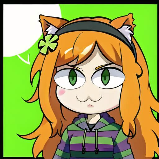 ((masterpiece, best quality, good face, vibrant,)) avatar icon, <lora:necoarc:1>, <lora:4chan_vivianjames-08:0.8>, 1girl, solo, necoarc, slit pupils, cat ears, orange hair, long hair, green eyes, chibi, vivian james, hairband, four-leaf clover hair ornament, striped hoodie, long sleeve, hood down, jeans, upper body, standing, looking at viewer, centered, simple background