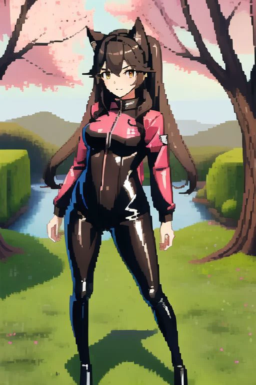 atago (Embarrassed), cat ears. black hair, beautiful and cute face, Brown eyes, ((masterpiece)), (best quality), (detailed), 1girl,full body, <lora:aliceNikke_v25:0.6>,alice \(nikke\),latex bodysuit,pink bodysuit,shiny clothes,long hair,twintails,red leather bomber jacket,simple background, <lora:LuisapPixelArtLORA_v1:1>