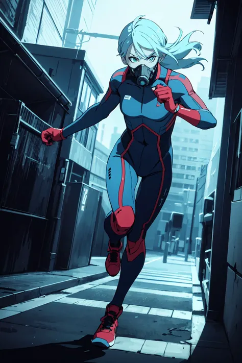 (masterpiece, high quality:1.5), (cyberpunk, flat colors:1.05), side view, full body, a scared 1girl, sexy, running through the dark alley, (colored skin, aquamarine skin:1.1), gas mask, sentai suit, beautiful detailed face and eyes, dynamic pose, dynamic angle, wind tracks, athletic body, epic realistic night tokyo background, city lights, (hight contrast, vivid colors, film grain, chromatic abberation:1.1), intricate details, close-up