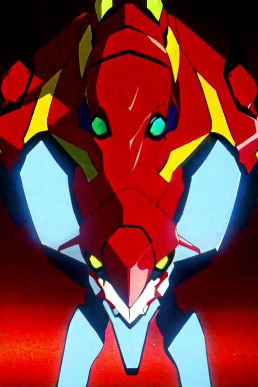 portrait, overly detailed, Anime screencap, 1990s_\(style\), Evangelion anime style, Masterpiece, best quality, perfect anatomy, perfect lighting, perfect focus, vibrant, 1robot, mecha, solo, evaunit, miata, eunos roadster, anthro, red, ((no humans,)) action pose, mid-air, massive, giant, landscape is the cityscape of tokyo-3, nighttime, pitch black sky
