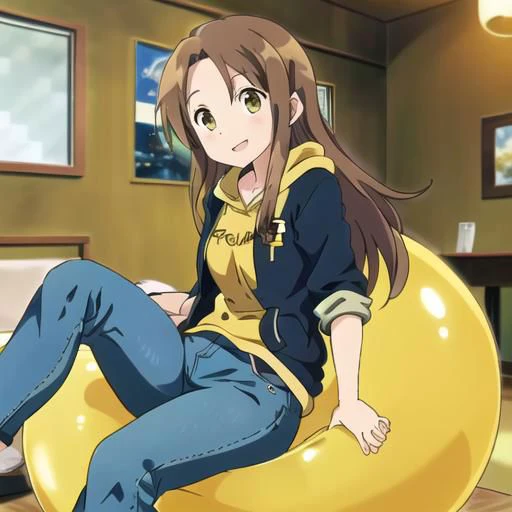 brown hair, brown eyes, denim jeans, hoodie, anime screencap, headphones, long hair, female, solo, happy, human, sitting on a balloon, nonpop
detailed balloon, realistic balloon, tied balloon, sitting on a balloon, yellow balloon, one balloon, home interior