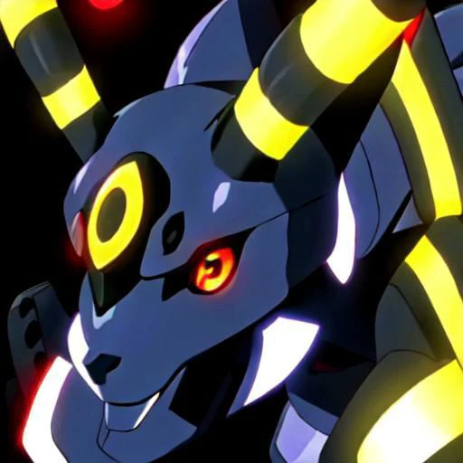 Overly Detailed, close up, portrait, avatar, Anime screencap, 1990s_\(style\), Evangelion anime style, Masterpiece, best quality, perfect anatomy, perfect lighting, perfect focus, vibrant, 1robot, mecha, solo, evaunit, Umbreon_Pokemon, glowing red eyes, 2 ears with glowing yellow stripes around the middle, tail with a glowing yellow stripe around the middle, 1 glowing yellow circle on each of its arms, black mechanical body, glowing yellow highlights, ((no humans,)) standing, front facing towards viewer, massive, giant, landscape is the cityscape of tokyo-3, nighttime, pitch black sky, moon in the distance at the top right