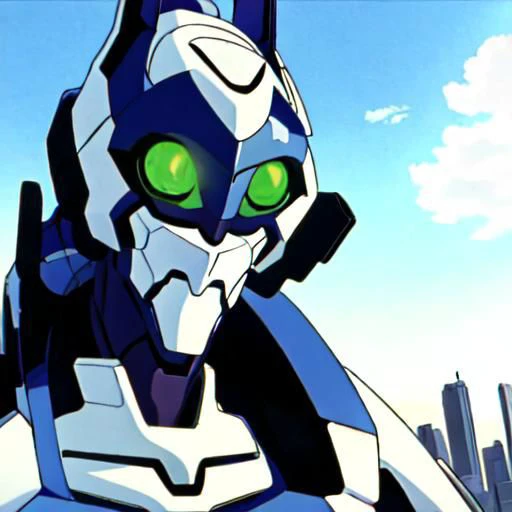 avatar, close up, portrait, Overly Detailed, Anime screencap, 1990s_\(style\), Evangelion anime style, Masterpiece, best quality, perfect anatomy, perfect lighting, perfect focus, vibrant, 1robot, mecha, solo, evaunit, alteza, anthro, entirely white mechanical body, ((no humans,))) standing, massive, giant, landscape is the cityscape of tokyo-3, sunny day, clear blue sky