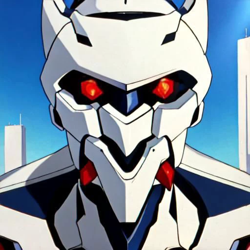 avatar, close up, portrait, Overly Detailed, Anime screencap, 1990s_\(style\), Evangelion anime style, Masterpiece, best quality, perfect anatomy, perfect lighting, perfect focus, vibrant, 1robot, mecha, solo, evaunit, alteza, anthro, entirely white mechanical body, ((no humans,))) standing, massive, giant, landscape is the cityscape of tokyo-3, sunny day, clear blue sky