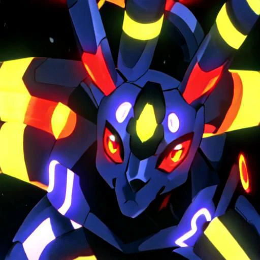 Overly Detailed, close up, portrait, avatar, Anime screencap, 1990s_\(style\), Evangelion anime style, Masterpiece, best quality, perfect anatomy, perfect lighting, perfect focus, vibrant, 1robot, mecha, solo, evaunit, Umbreon_Pokemon, glowing red eyes, 2 ears with glowing yellow stripes around the middle, tail with a glowing yellow stripe around the middle, 1 glowing yellow circle on each of its arms, black mechanical body, glowing yellow highlights, ((no humans,)) standing, front facing towards viewer, massive, giant, landscape is the cityscape of tokyo-3, nighttime, pitch black sky, moon in the distance at the top right