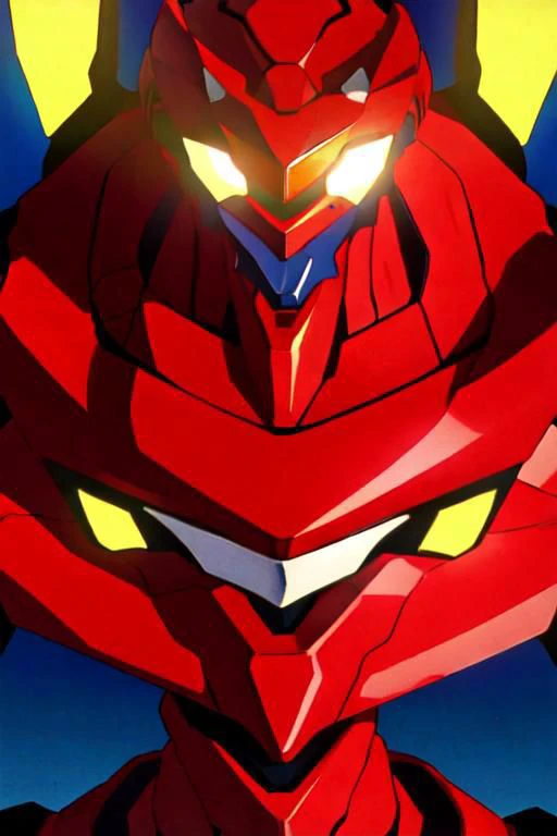 portrait, overly detailed, Anime screencap, 1990s_\(style\), Evangelion anime style, Masterpiece, best quality, perfect anatomy, perfect lighting, perfect focus, vibrant, 1robot, mecha, solo, evaunit, miata, eunos roadster, anthro, red, ((no humans,)) action pose, mid-air, massive, giant, landscape is the cityscape of tokyo-3, nighttime, pitch black sky
