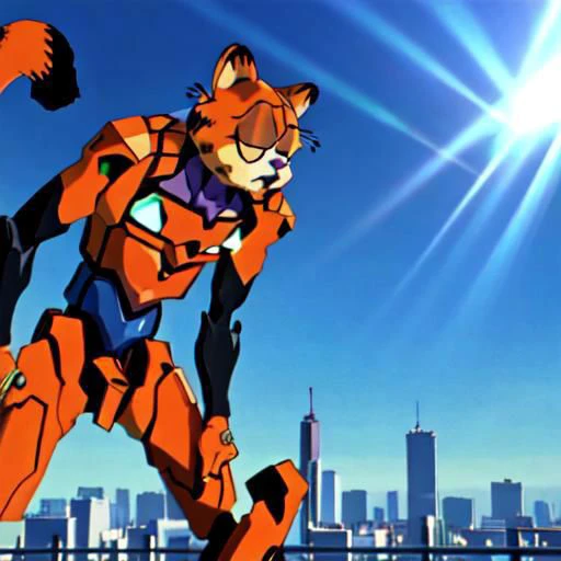 Overly Detailed, close up, portrait, avatar, Anime screencap, 1990s_\(style\), Evangelion anime style, Masterpiece, best quality, perfect anatomy, perfect lighting, perfect focus, vibrant, 1robot, mecha, solo, evaunit, garfield, glowing black eyes, cat ears, cat tail, striped tail, entirely orange mechanical body, striped, ((no humans,)) standing, hands on hips, front facing towards viewer, massive, giant, landscape is the cityscape of tokyo-3, sunny day, clear blue sky