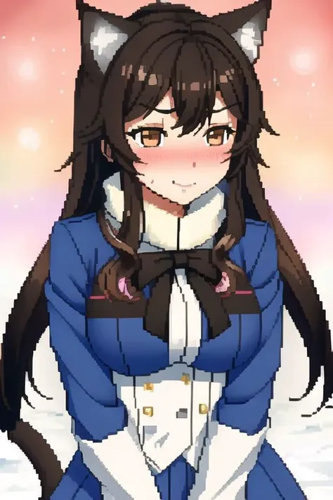 Atago, (Embarrassed), cat ears. black hair, beautiful and cute face, Brown eyes, a woman in snow, blush face