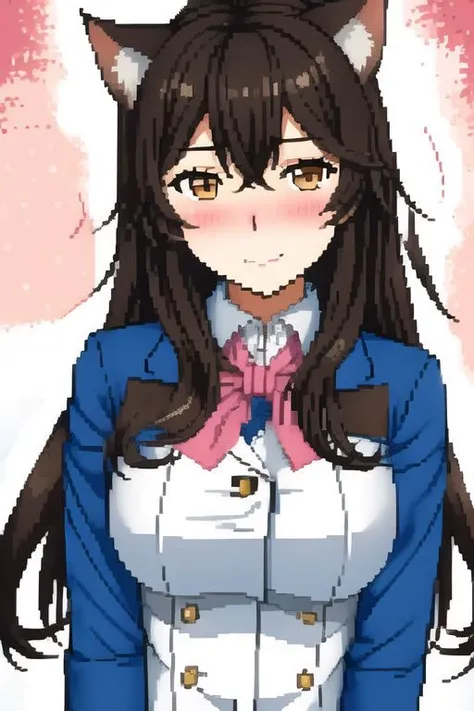 Atago, (Embarrassed), cat ears. black hair, beautiful and cute face, Brown eyes, a woman in snow, blush face