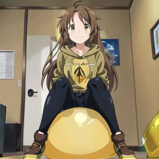 brown hair, brown eyes, denim jeans, hoodie, anime screencap, headphones, long hair, female, solo, happy, human, sitting on a balloon, nonpop
detailed balloon, realistic balloon, tied balloon, sitting on a balloon, yellow balloon, one balloon, home interior