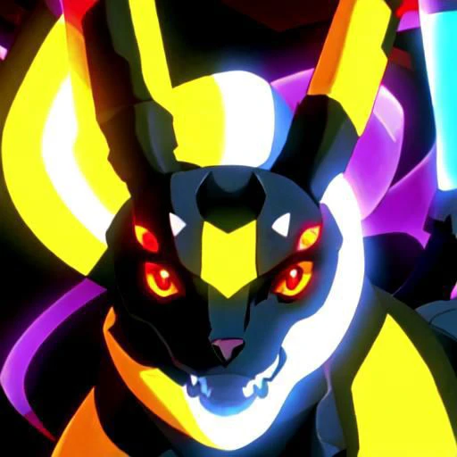 Overly Detailed, close up, portrait, avatar, Anime screencap, 1990s_\(style\), Evangelion anime style, Masterpiece, best quality, perfect anatomy, perfect lighting, perfect focus, vibrant, 1robot, mecha, solo, evaunit, Umbreon_Pokemon, anthro, standing on its 2 hind legs, glowing red eyes, 2 ears with glowing yellow stripes around the middle, tail with a glowing yellow stripe around the middle, 1 glowing yellow circle on each of its arms, black mechanical body, glowing yellow highlights, ((no humans,)) standing, front facing towards viewer, massive, giant, landscape is the cityscape of tokyo-3, nighttime, pitch black sky, moon in the distance at the top right