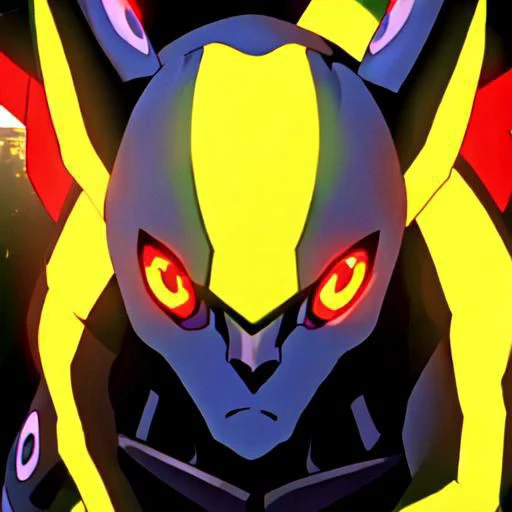 Overly Detailed, close up, portrait, avatar, Anime screencap, 1990s_\(style\), Evangelion anime style, Masterpiece, best quality, perfect anatomy, perfect lighting, perfect focus, vibrant, 1robot, mecha, solo, evaunit, Umbreon_Pokemon, glowing red eyes, 2 ears with glowing yellow stripes around the middle, tail with a glowing yellow stripe around the middle, 1 glowing yellow circle on each of its arms, black mechanical body, glowing yellow highlights, ((no humans,)) standing, front facing towards viewer, massive, giant, landscape is the cityscape of tokyo-3, nighttime, pitch black sky, moon in the distance at the top right