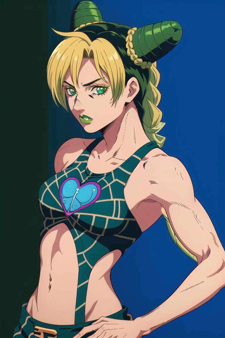 solo, jolyne, solo, 1girl, kooking at viewer, green hair, blonde hair, green eyes, official clothing, makeup, navel, braided ponytail, simple background, polish, 19 years old, upper body, stylized, colorful, blue green , muscular,<lora:EMS-260770-EMS:0.900000>
