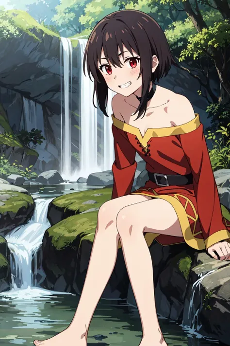 (masterpiece, high quality:1.3), (close-up:1.1), megumin, 1girl, (skinny, short, childish:1.3), sitting, legs in river, barefoot, hands behind legs, grin, playful, blush, bare shoulders, black hair, choker, collarbone, dress, fingerless gloves, hair between eyes, long sleeves, looking at viewer, medium hair, off-shoulder dress, off shoulder, red dress, red eyes, (sidelocks:1.1), solo, river, waterfall, fantasy forest background, (official art:0.9)