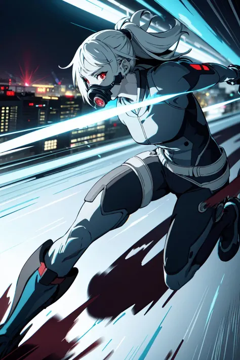 (masterpiece, high quality:1.5), (cyberpunk, flat colors:1.05), side view, a scared 1girl, (sexy:0.9), running, (colored skin, aquamarine skin:1.1), white hair, gas mask, sentai suit, beautiful detailed face, glowing red eyes, (dynamic pose, dynamic angle, dynamic light:1.1), tiny body, epic realistic night tokyo background, city lights, explosion, (hight contrast, vivid colors, film grain, chromatic abberation:1.07), intricate details, close-up, motion blur