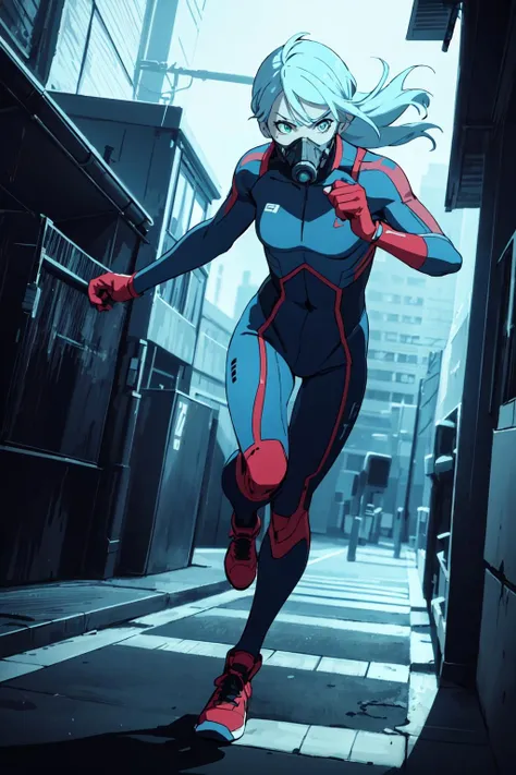 (masterpiece, high quality:1.5), (cyberpunk, flat colors:1.05), side view, full body, a scared 1girl, sexy, running through the dark alley, (colored skin, aquamarine skin:1.1), gas mask, sentai suit, beautiful detailed face and eyes, dynamic pose, dynamic angle, wind tracks, athletic body, epic realistic night tokyo background, city lights, (hight contrast, vivid colors, film grain, chromatic abberation:1.1), intricate details, close-up