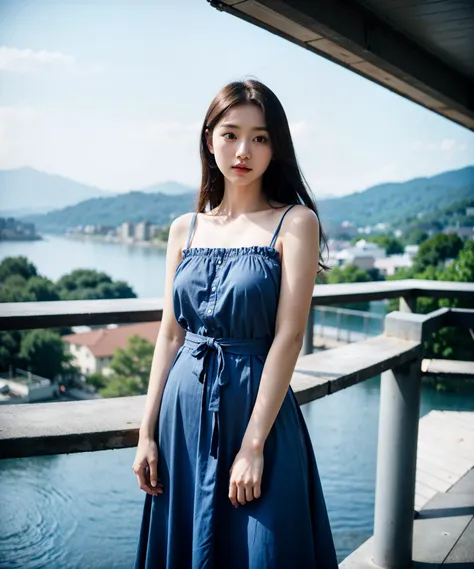 Best quality, masterpiece, film grain, photo by fuji-proplus-ii film, raw photo of 20 years old woman in blue dress, waist up, sky, outdoor, soft key lighting, deep shadow, dark theme,
 <lora:hinaFilmFujiProPlusII_v1:0.6>