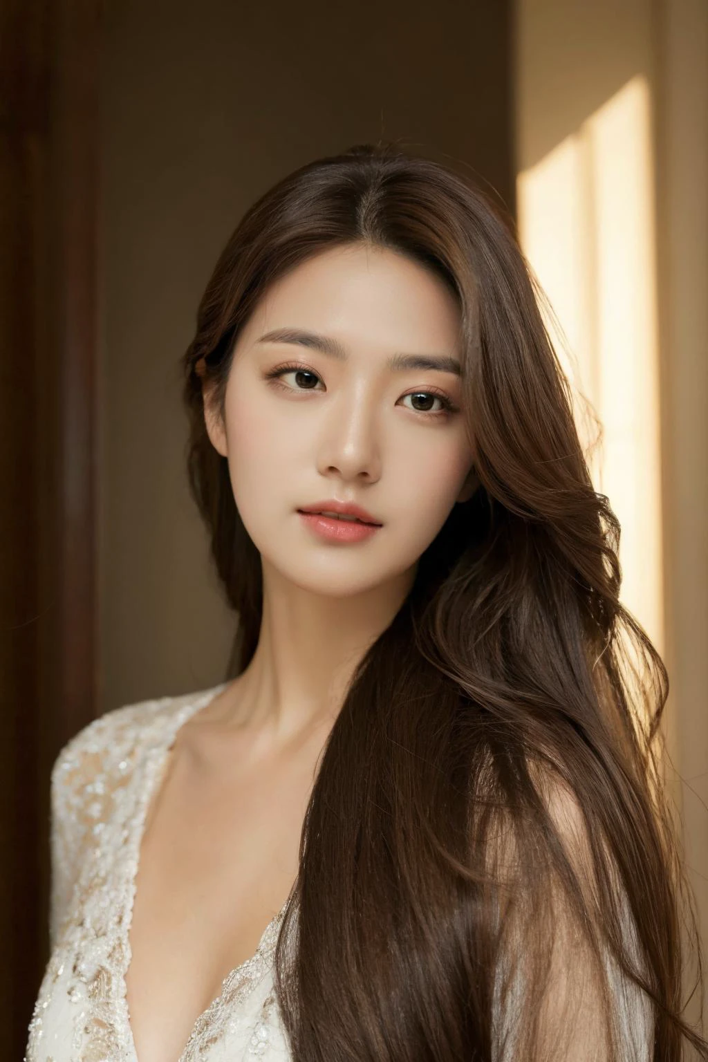 (masterpiece:1.35), (best-quality:1.4), 8k, ultra-detailed, photography, (ultra-realistic:1.4), 1girl, (portrait), (in love, in love expression:0.7), looking at viewer, (brown eyes:1.2), (long hair), deep v dress, room, (balanced photo, balanced exposure:1.2), <lora:VividColorDetail_v3:0.7>