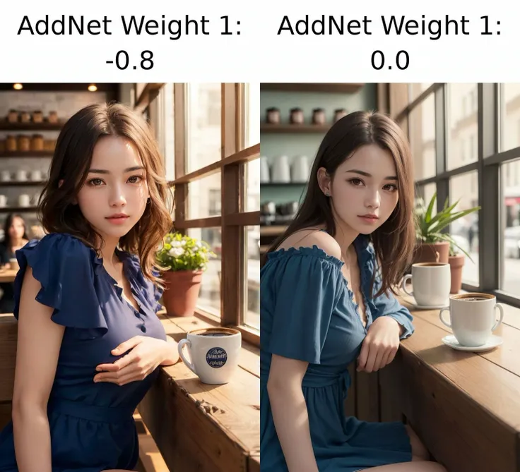 (8k, RAW photo, best quality, masterpiece:1.2), (realistic, photo-realistic:1.2), ultra-detailed, a girl, perfect face, sitting, upper body, simple background, coffee shop, from front, facing to viewer, two hands in front of chests, face to face, blue dress, word_on_clothing