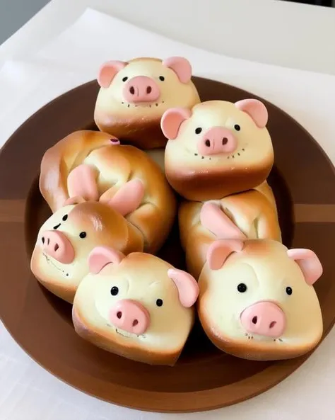 <lora:CSTB_v1:0.6>, lying, food, no humans, animal, looking up, :<, painting (medium), animal focus, bread, food focus, still life,  mascot, pig