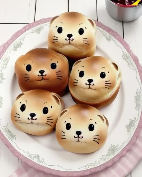 <lora:CSTB_v1:0.6>, lying, food, no humans, animal, looking up, :<, painting (medium), animal focus, bread, food focus, still life,  mascot, |_|, seal (animal), brown