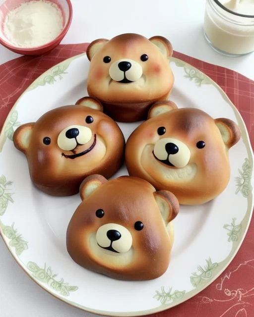 <lora:CSTB_v1:0.6>, lying, food, no humans, animal, looking up, :<, painting (medium), animal focus, bread, food focus, still life, mascot, |_|, bear, milk