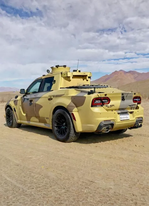 chargerhellcatsrt, car in the desert, (yellow camouflage mtldtnk tank paint )
<lora:Matilda_Tank_SDXL:1>
<lora:ChargerHellcatSDXL:0.5>