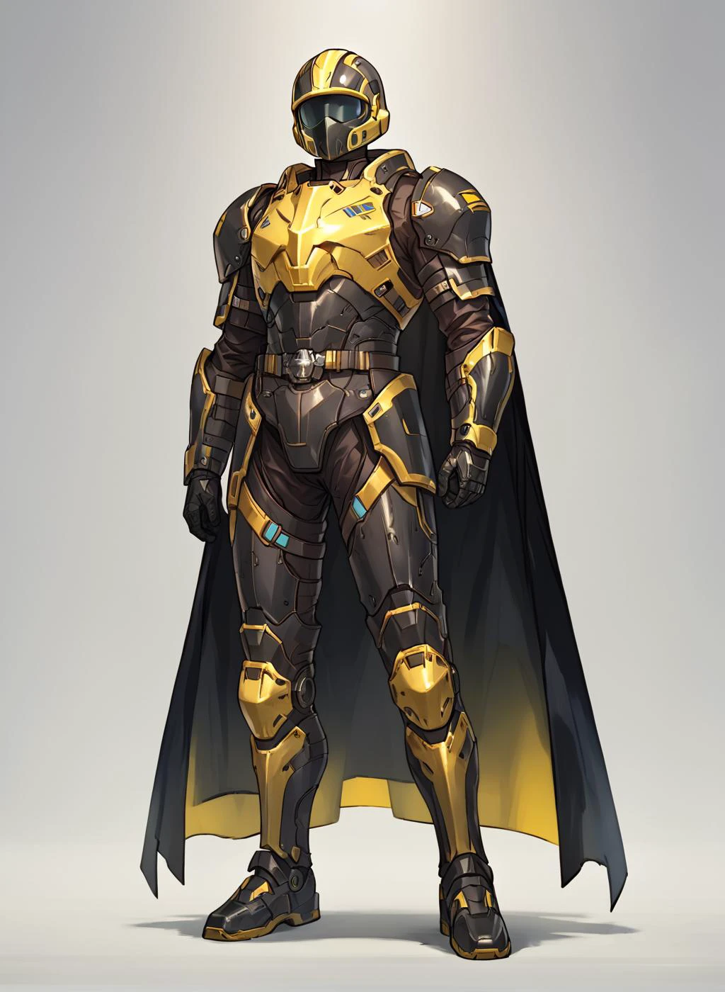 solo, black armor, yellow accents, full helmet, faceless, futuristic, black cape, armored, head turned up, full body shot, <lora:HellDivers2_SDXL:0.99>, score_9, score_8_up, score_7_up, score_6_up, score_5_up, score_4_up,