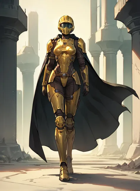 1girl, breasts, solo, black armor, yellow accents, full helmet, faceless, futuristic, black cape, armored, head turned up, full body shot, <lora:HellDivers2_SDXL:0.99>, score_9, score_8_up, score_7_up, score_6_up, score_5_up, score_4_up,