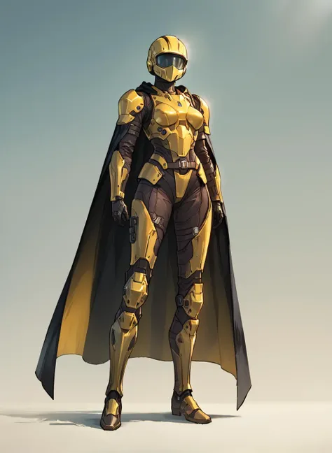 1girl, breasts, solo, black armor, yellow accents, full helmet, faceless, futuristic, black cape, armored, head turned up, full body shot, <lora:HellDivers2_SDXL:0.99>, score_9, score_8_up, score_7_up, score_6_up, score_5_up, score_4_up,