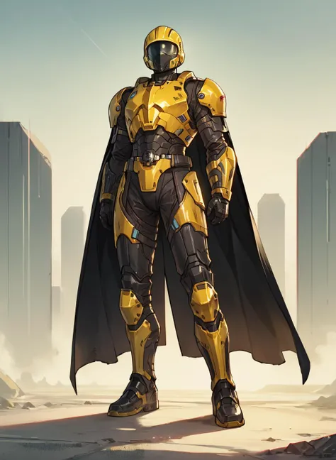 solo, black armor, yellow accents, full helmet, faceless, futuristic, black cape, armored, head turned up, full body shot, <lora:HellDivers2_SDXL:0.99>, score_9, score_8_up, score_7_up, score_6_up, score_5_up, score_4_up,